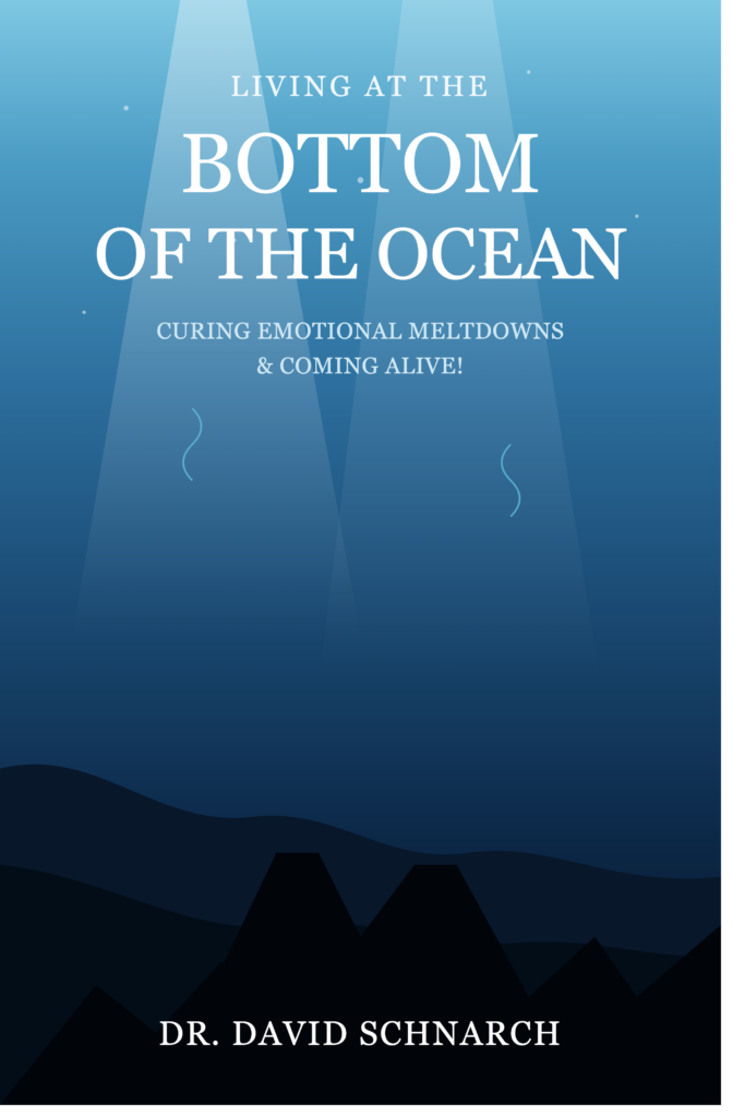 Book cover showing a blue gradient with large white title: 'Living at the Bottom of the Ocean' and subtitle: 'Curing emotional meltdowns & coming alive!' by Dr. David Schnarch